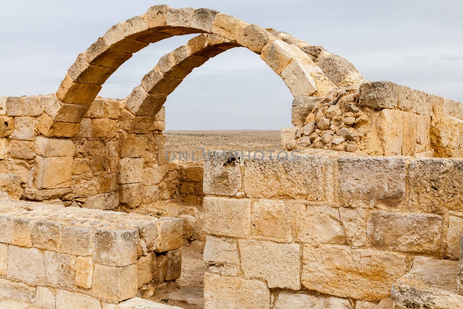 View of the ruined buildings in the ancient Nabataean city of Avdat, now a national Park, in the Negev Desert, Southern Israel