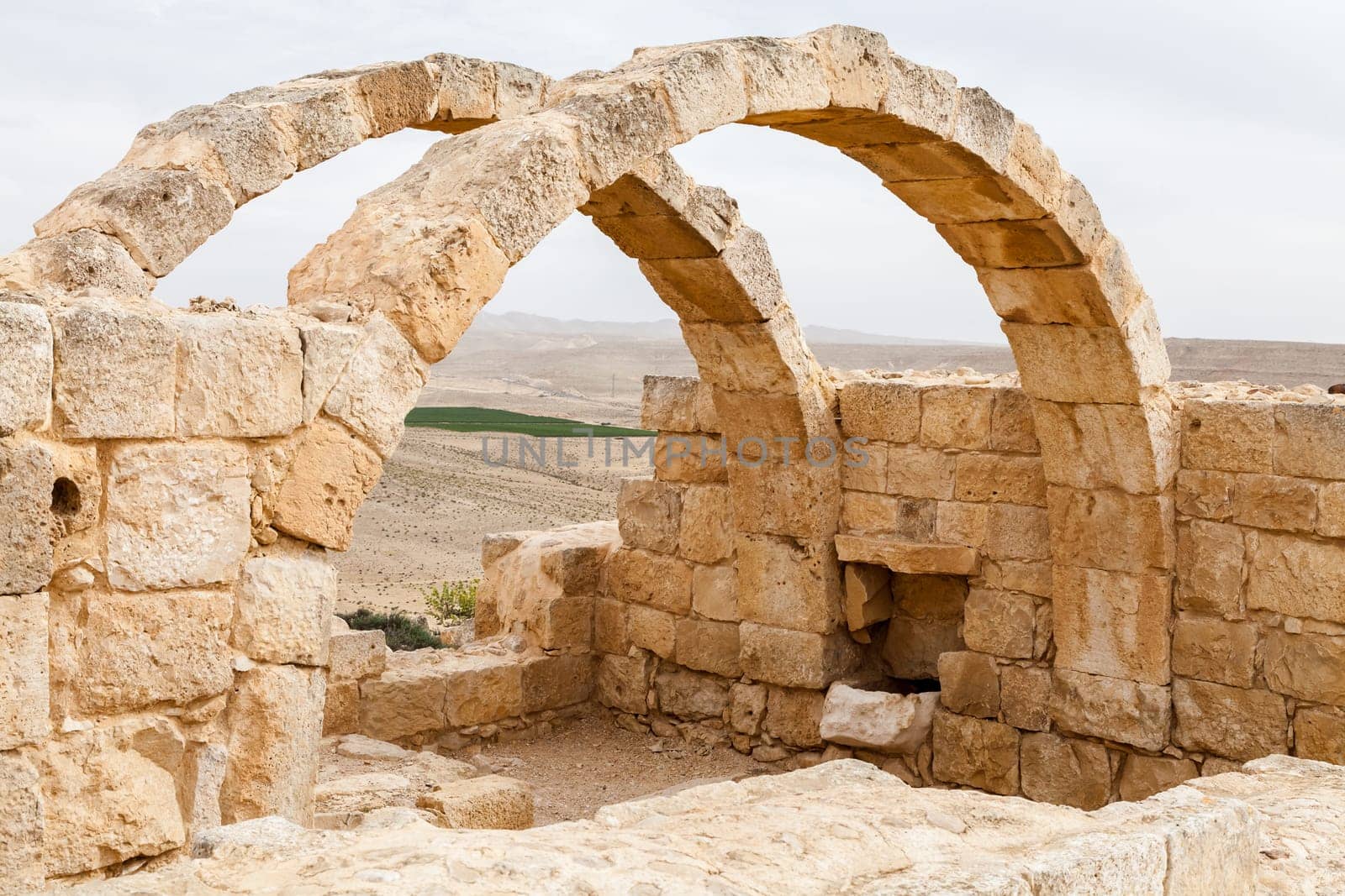 View of the ruined buildings in the ancient Nabataean city of Avdat, now a national Park, in the Negev Desert, Southern Israel