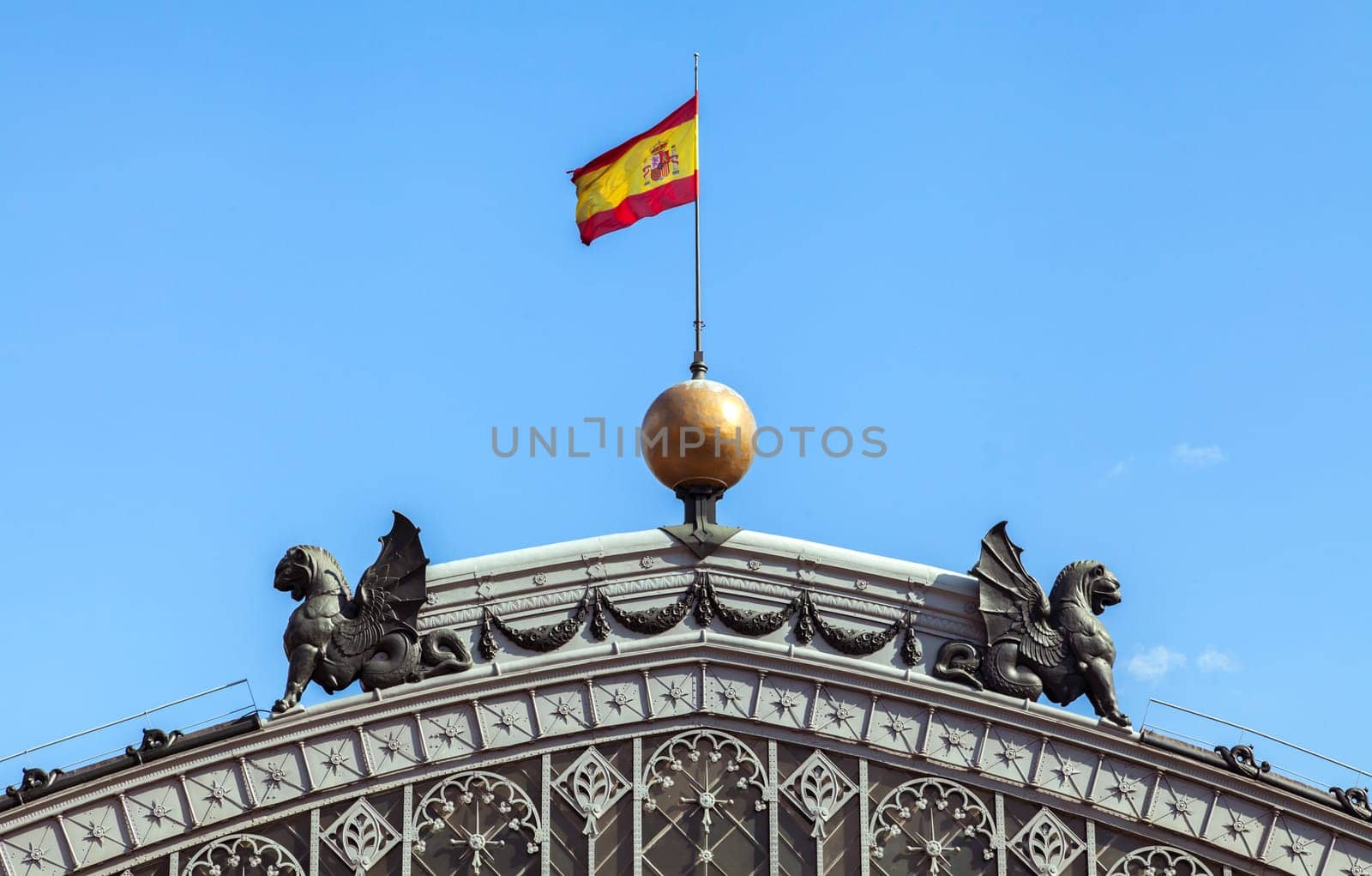 Facade of the Atocha railway station in the city of Madrid, Spain