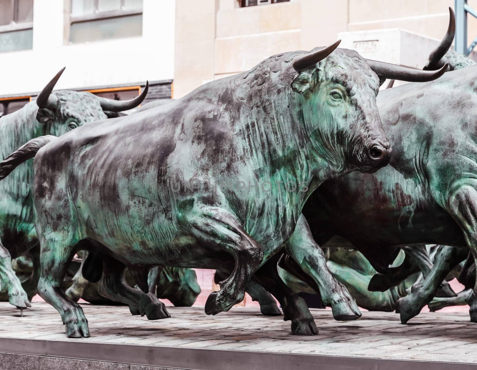 Monument of Running of the Bulls in Pamplona, Spain. The monument is dedicated to the traditional festival of San Fermin