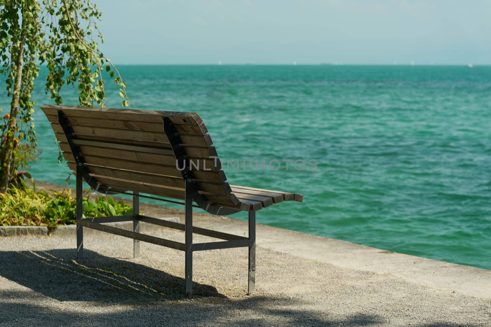 Idyllically situated bench on the island of Mainau on the shores of Lake Constance in Germany
