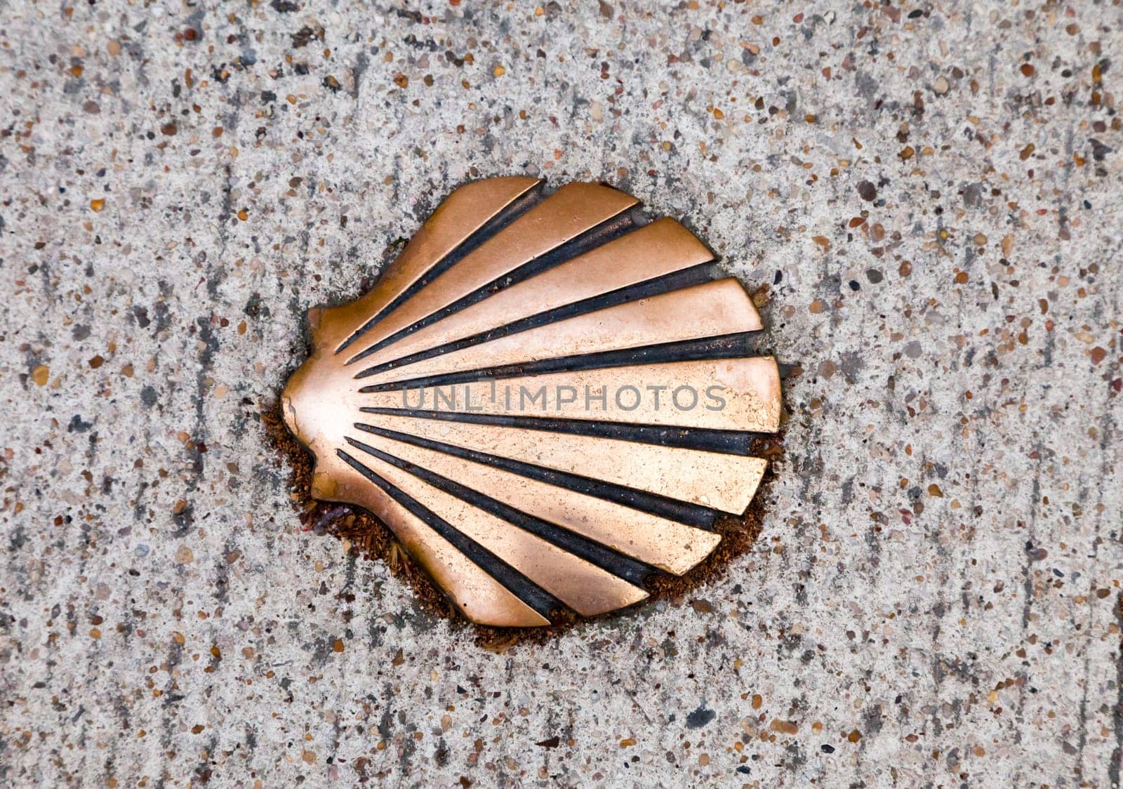 This bronze shell is set into a stone pathway, marking a trail at a significant pilgrimage location.