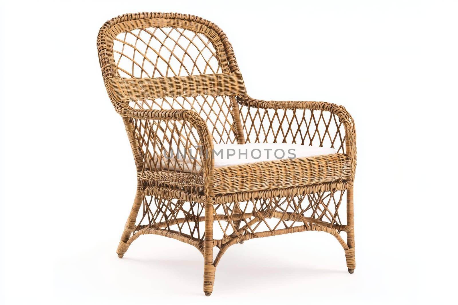 This stylish wicker chair features a cozy cushion, perfect for adding charm and comfort to any living space or patio.