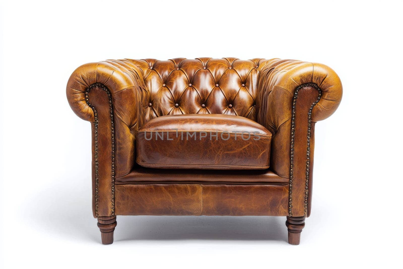 This elegant leather armchair features rich brown tones and tufted upholstery, ideal for complementing modern or traditional interiors.