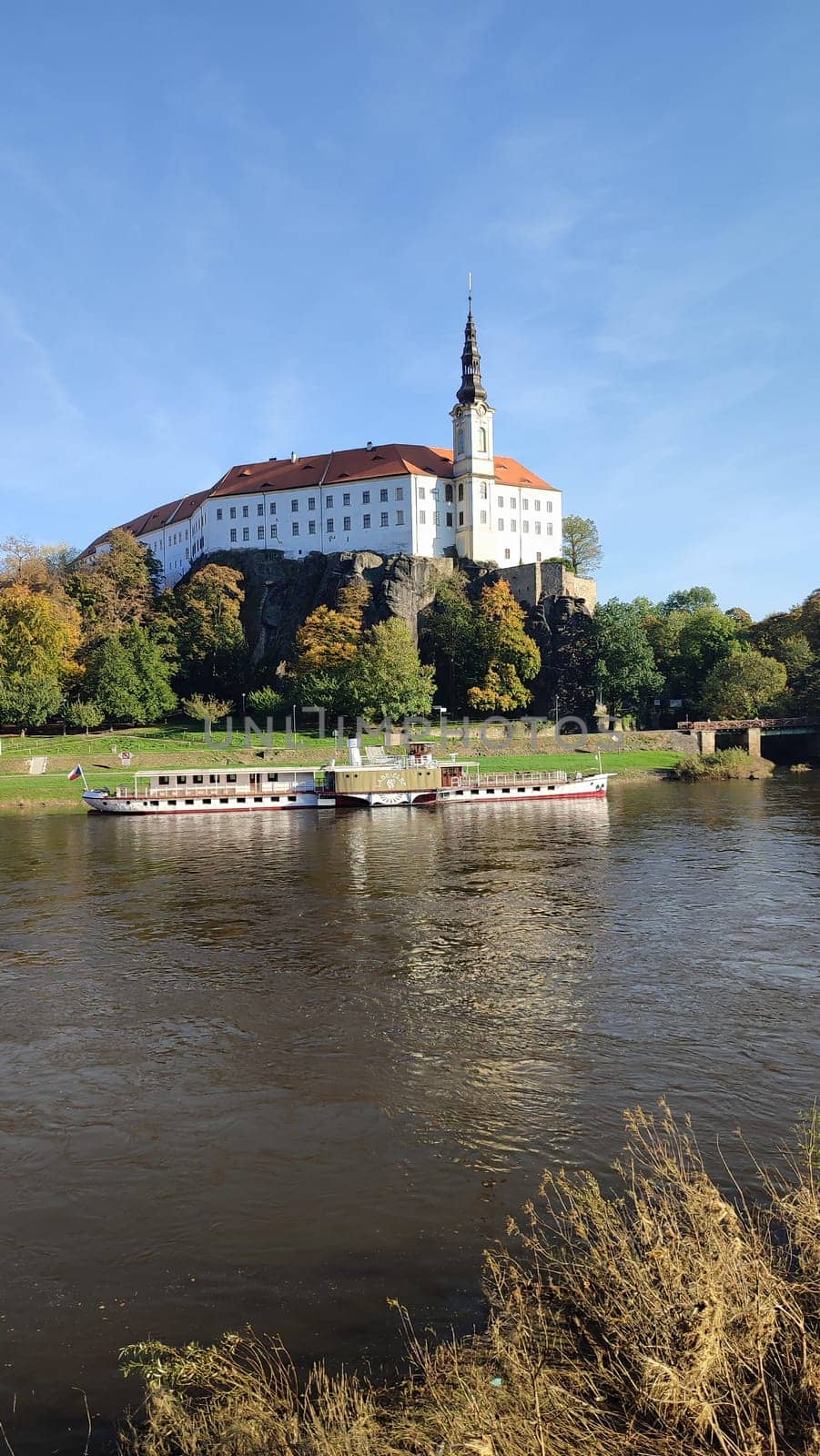 Castle riverside trees green nature summer autumn background landscape blue sky day. October 16 2024 Decin Czech Republic Europe travel places . High quality photo park outdoor historic buildings