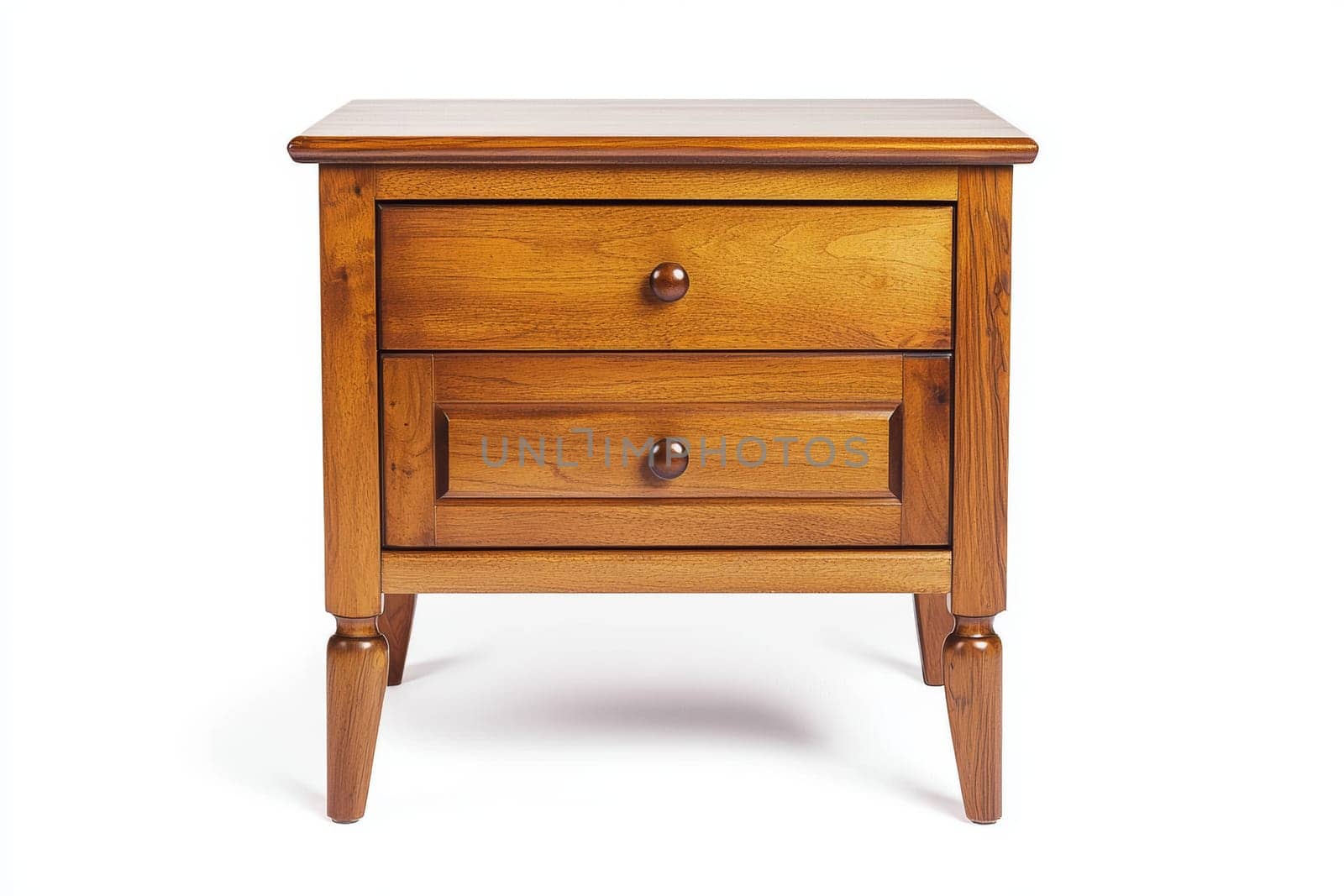 A wooden nightstand featuring two spacious drawers offers practical storage solutions for bedroom essentials and accessories.