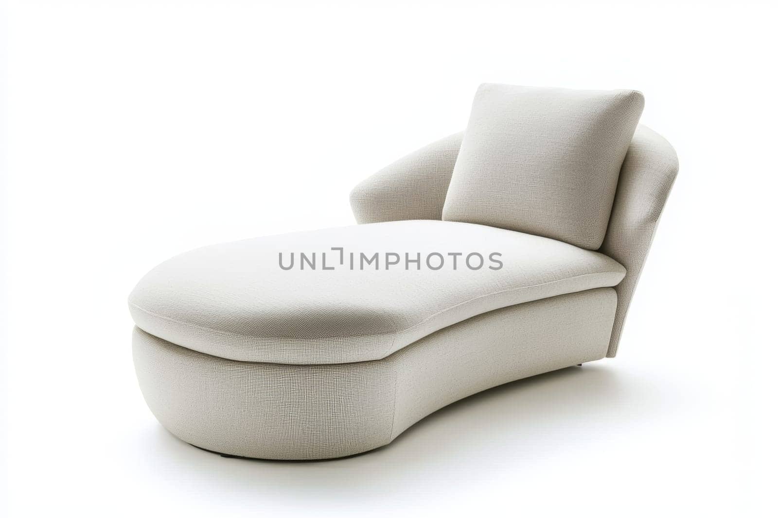 This stylish chaise lounge features a soft white fabric, curved silhouette, and comfortable backrest, ideal for relaxation and modern decor.