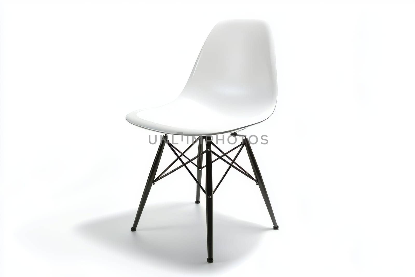 A sleek white chair with a minimalist design featuring black legs, ideal for contemporary living spaces or dining areas.