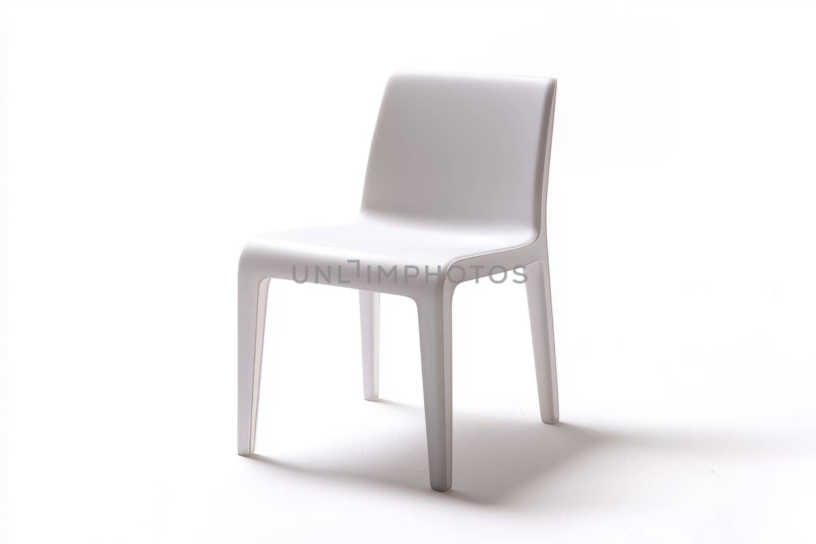 A minimalist white chair sits prominently against a plain light background, emphasizing its sleek lines and simple yet modern design.