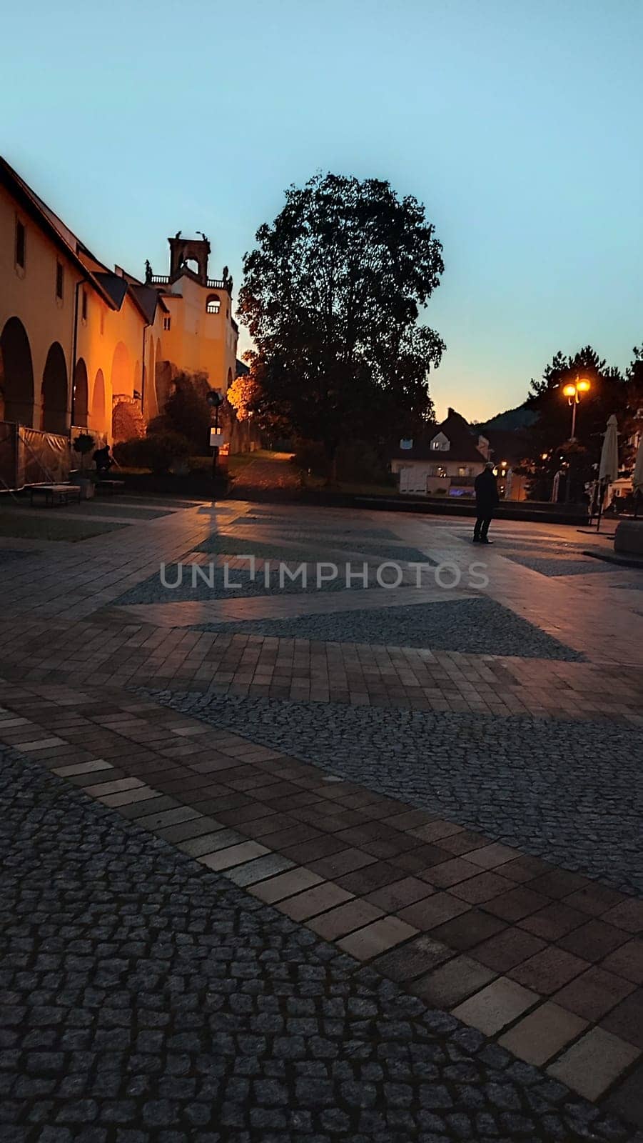 Sunset town square city centre old evening travel landscape nature trees park architecture outdoor. October 16 2024 Decin Czech Republic Europe travel places . High quality photo