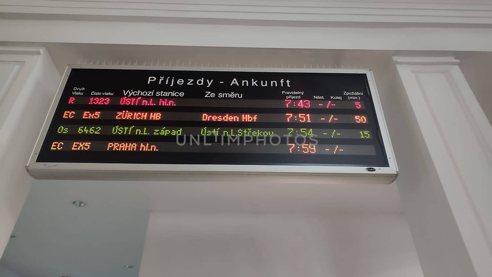 October 16 2024 Decin Czech Republic Europe Train arrival schedule information transfer transport indoor . High quality photo