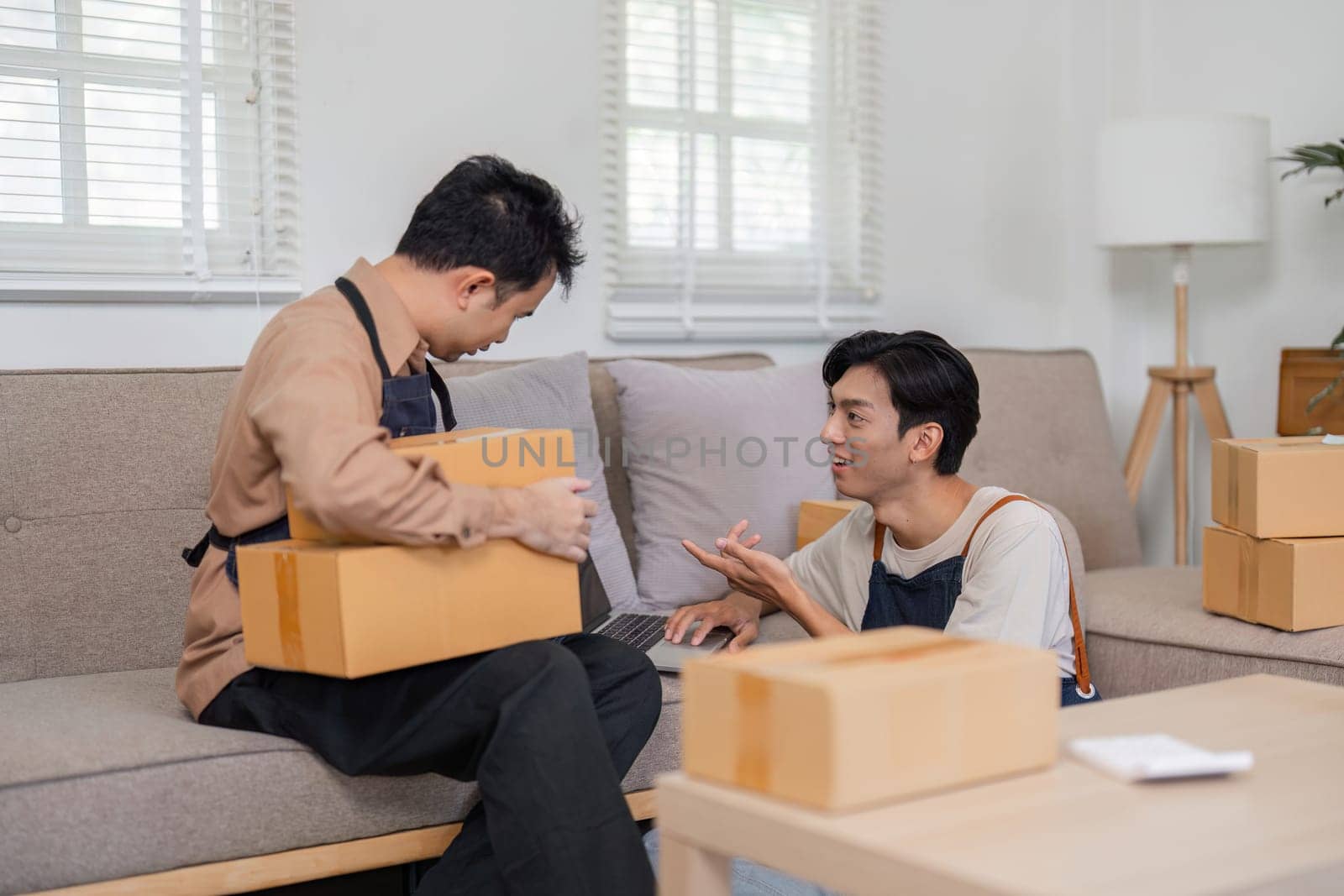 In a cozy living room, two online sellers collaborate on packaging and delivery methods, surrounded by boxes and a laptop.