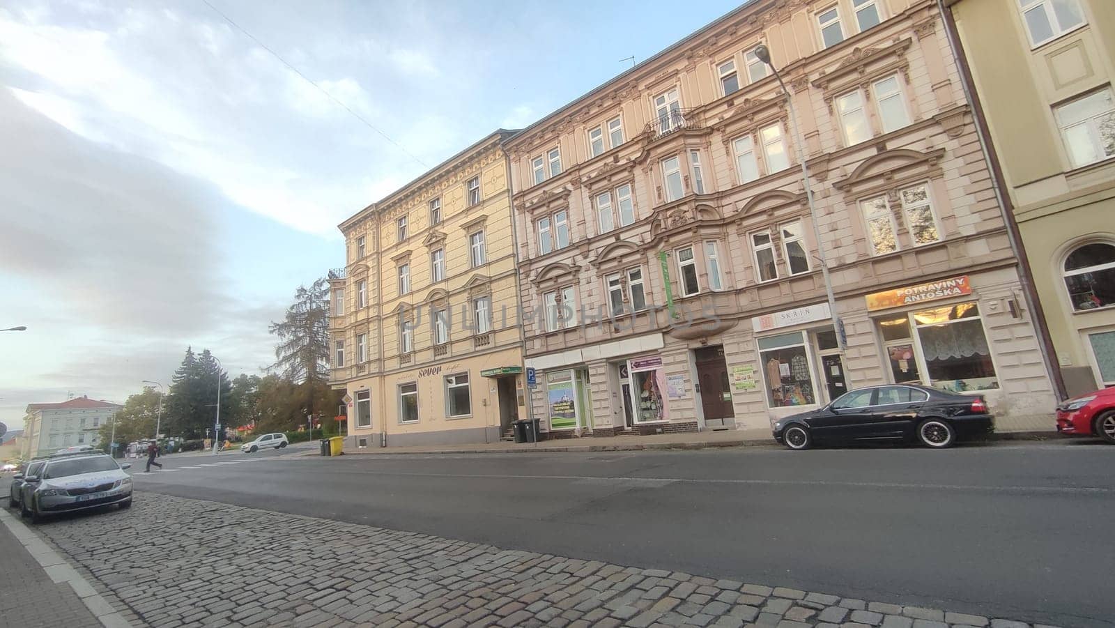 October 16 2024 Decin Czech Republic Europe . Building architecture street store car window city centre town. High quality photo outdoor destination place