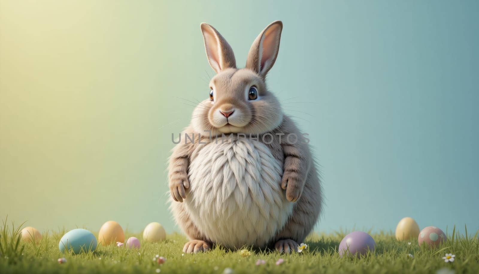 A rabbit with a big belly is standing in a field of grass with a bunch of Easter eggs scattered around it