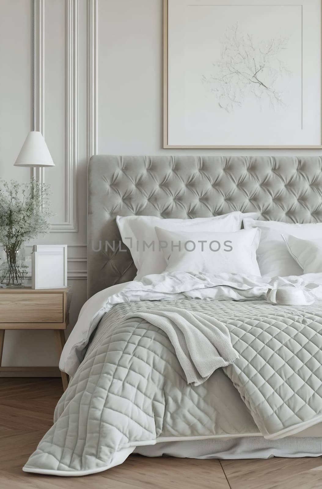A stylish bedroom features a soft, tufted headboard, crisp bedding, and a minimalist design accentuated by natural light.