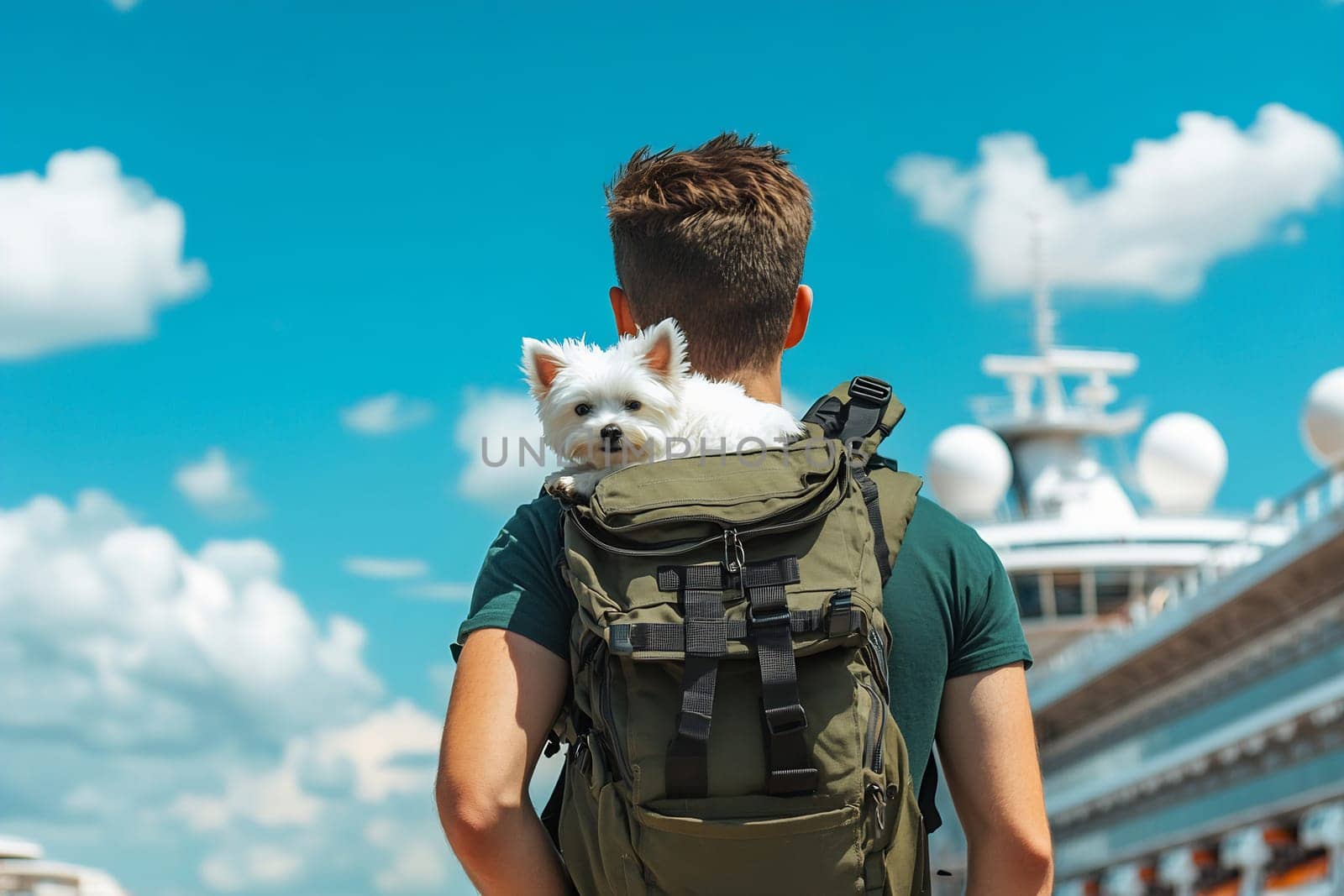 A traveler carries a small dog in a backpack while enjoying a sunny day near a cruise ship in the background.
