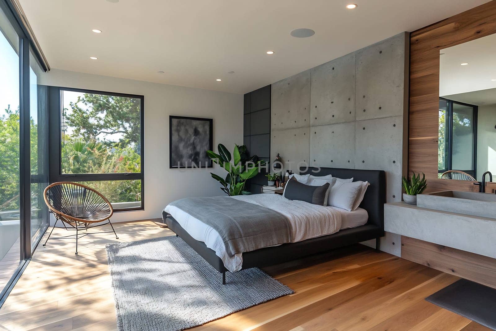 A stylish bedroom features a large bed, contemporary decor, and plenty of natural light from floor-to-ceiling windows. Plants add a touch of nature.