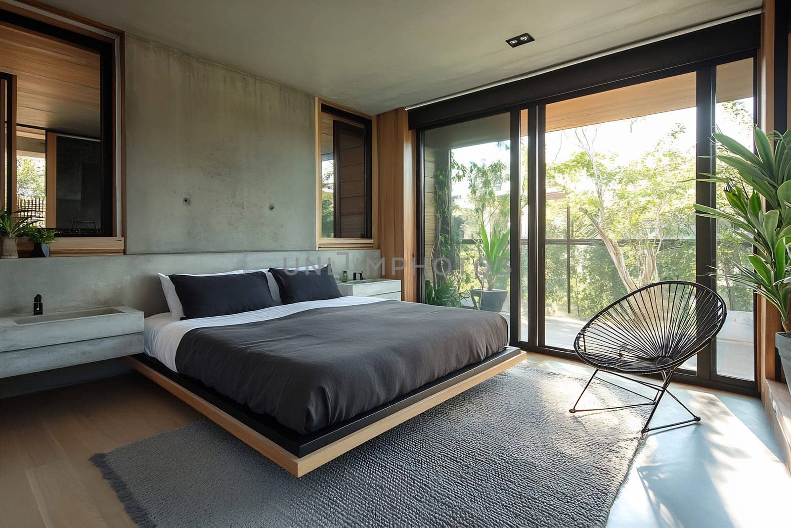 This modern bedroom features a sleek design, large windows, and views of greenery, creating a serene atmosphere for relaxation.