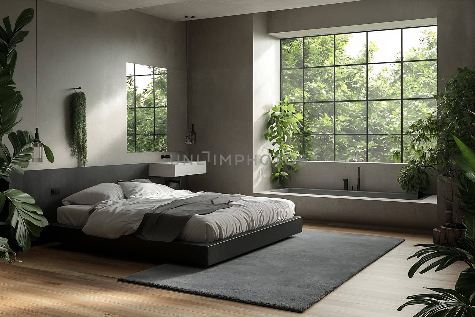 Spacious bedroom features a large window with greenery outside and a comfortable bed with cozy bedding, creating a serene atmosphere.