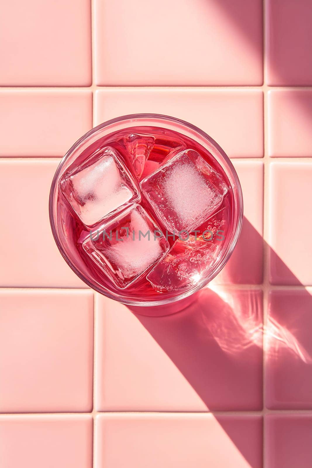 A colorful drink with ice cubes rests on a smooth pink tile surface, illuminated by soft light, creating a vibrant atmosphere.