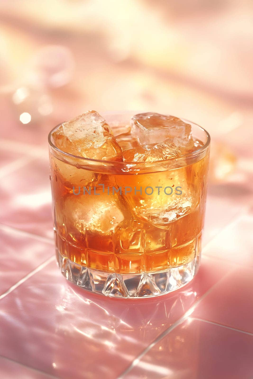 A glass filled with a golden brown drink and ice cubes sits on a softly illuminated table, offering a refreshing visual appeal.