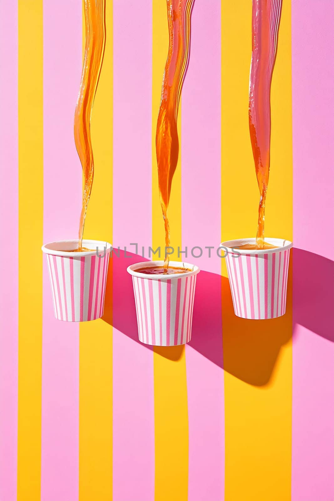 Three striped cups pour a warm drink against a vibrant pink and yellow striped backdrop, creating a lively, playful ambiance.