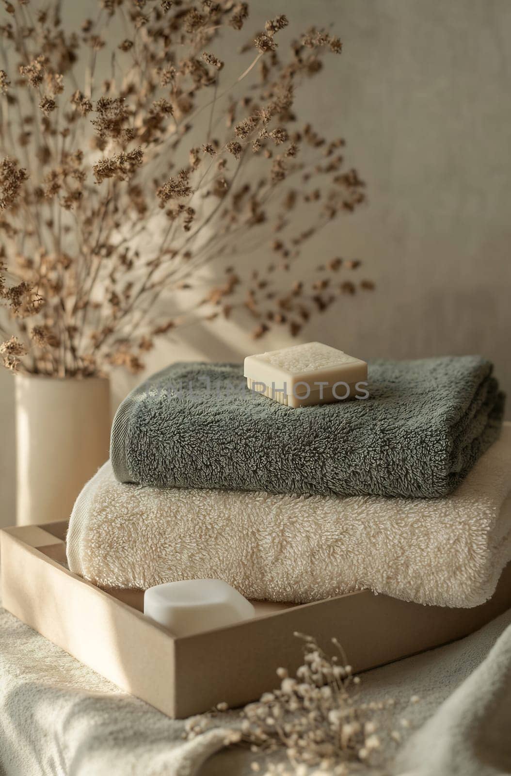 Soft towels and soap are neatly placed on a tray, accompanied by dried flowers, creating a calming spa atmosphere in the room.