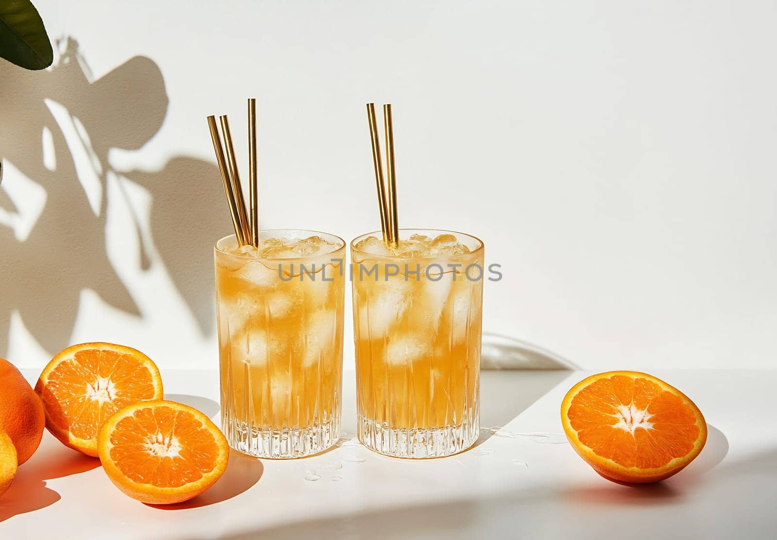 Bright orange drinks filled with ice sit on a table alongside juicy halved oranges, illuminated by natural light.