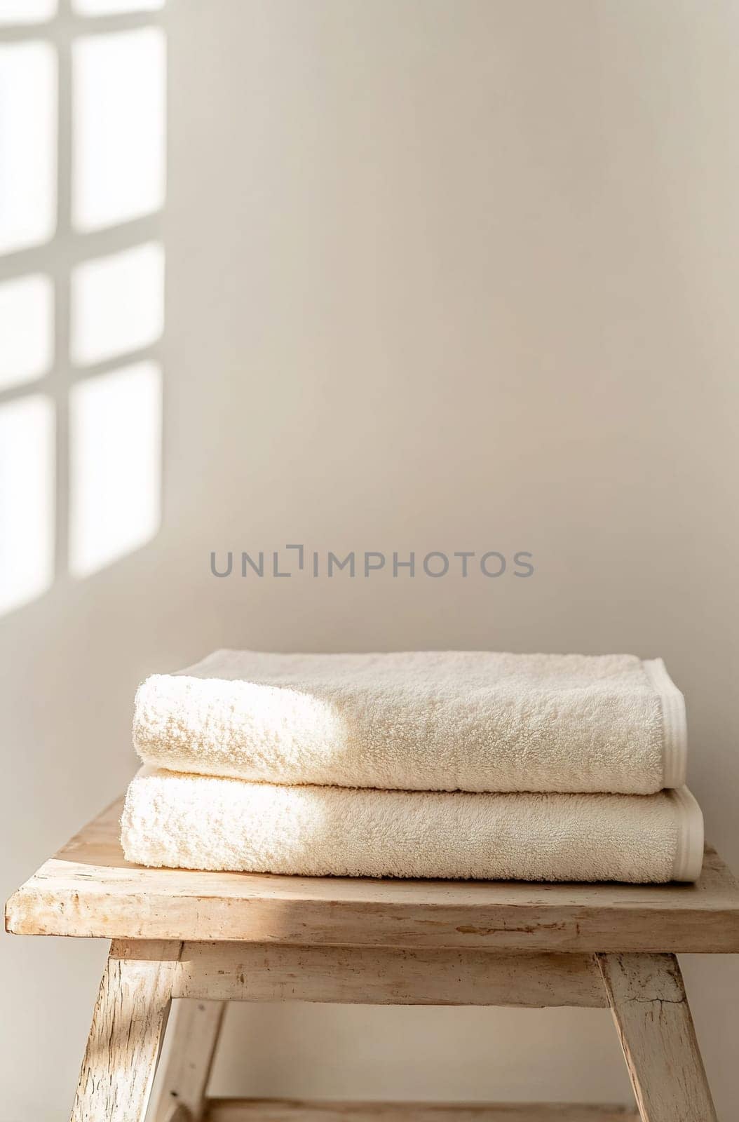 Cozy scene featuring neatly folded soft towels stacked on a rustic wooden stool, illuminated by warm sunlight streaming through a window.