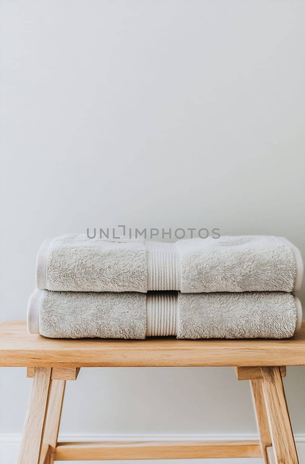 Soft, grey towels are neatly stacked on a wooden rack against a light wall, creating a minimalist and clean look.