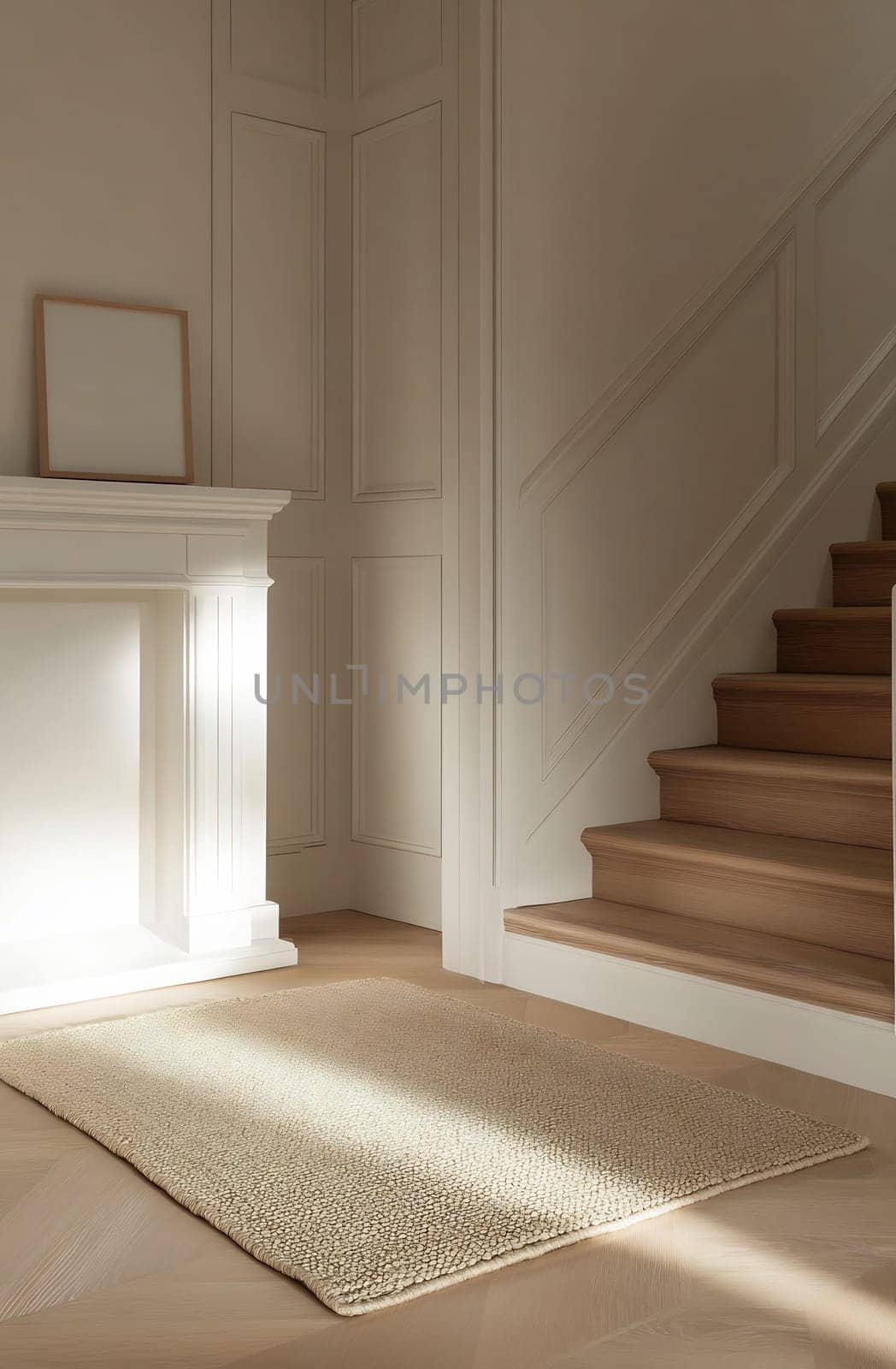 Warm sunlight streams through a cozy room, highlighting a soft rug and a beautifully crafted staircase with elegant wooden steps.