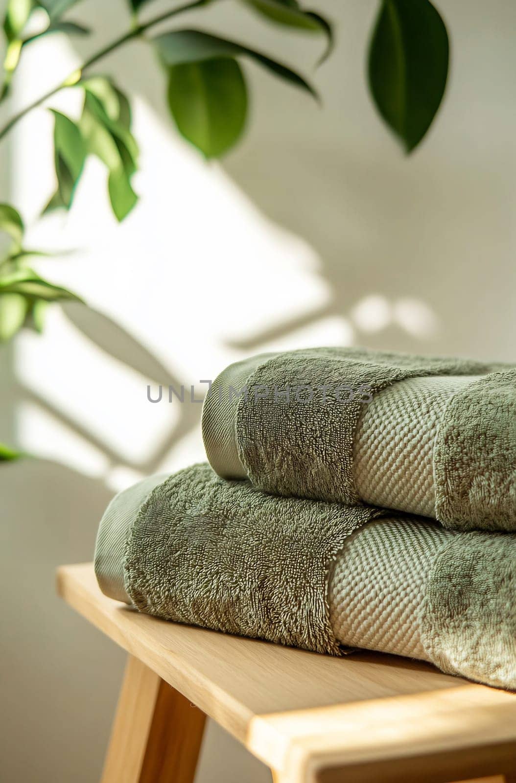 Neatly stacked soft green towels rest on a wooden surface, illuminated by gentle sunlight filtering through leaves nearby.