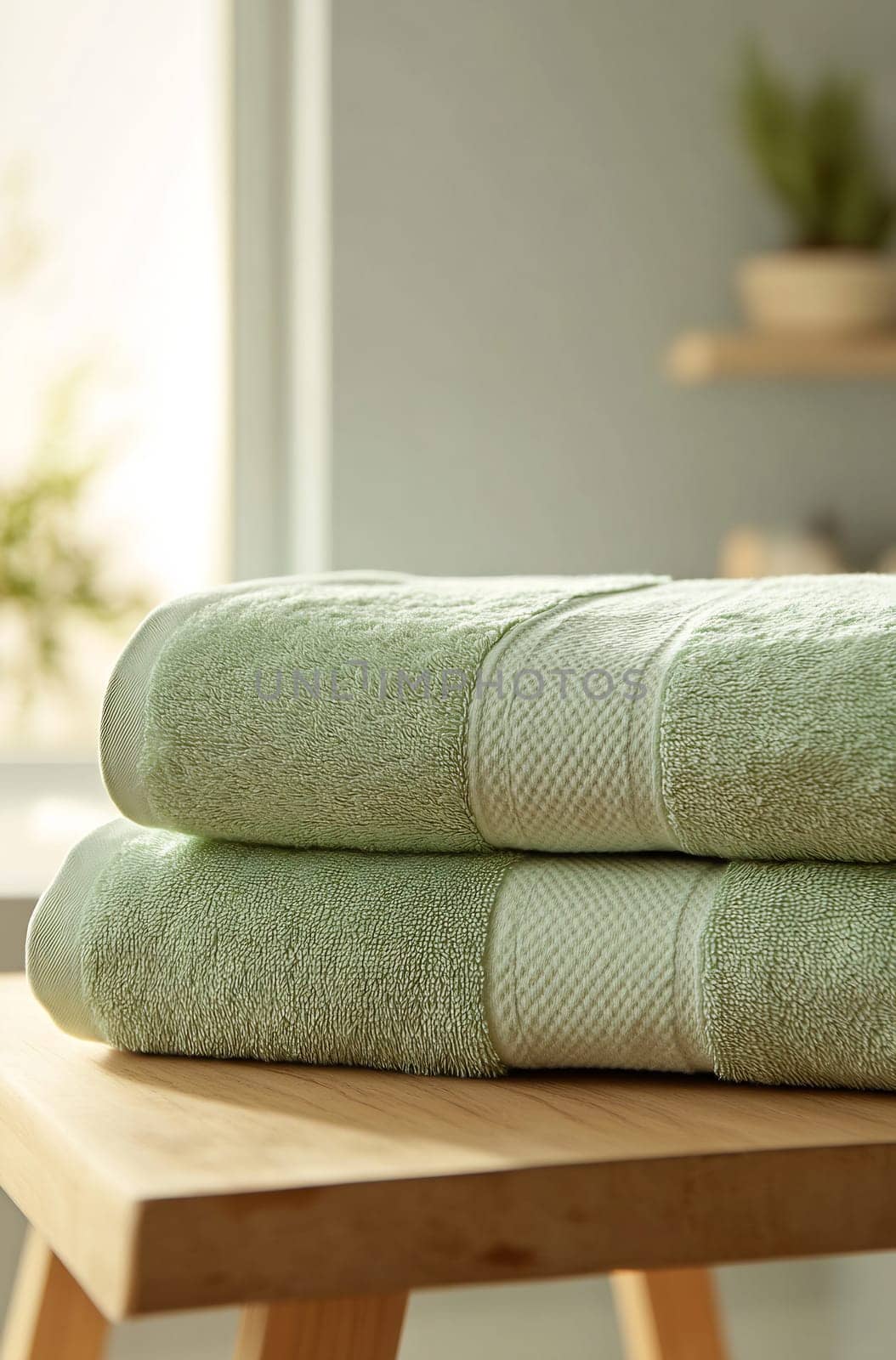 Freshly folded soft green towels sit neatly on a wooden table in a cozy, light-filled interior space, inviting relaxation and comfort.