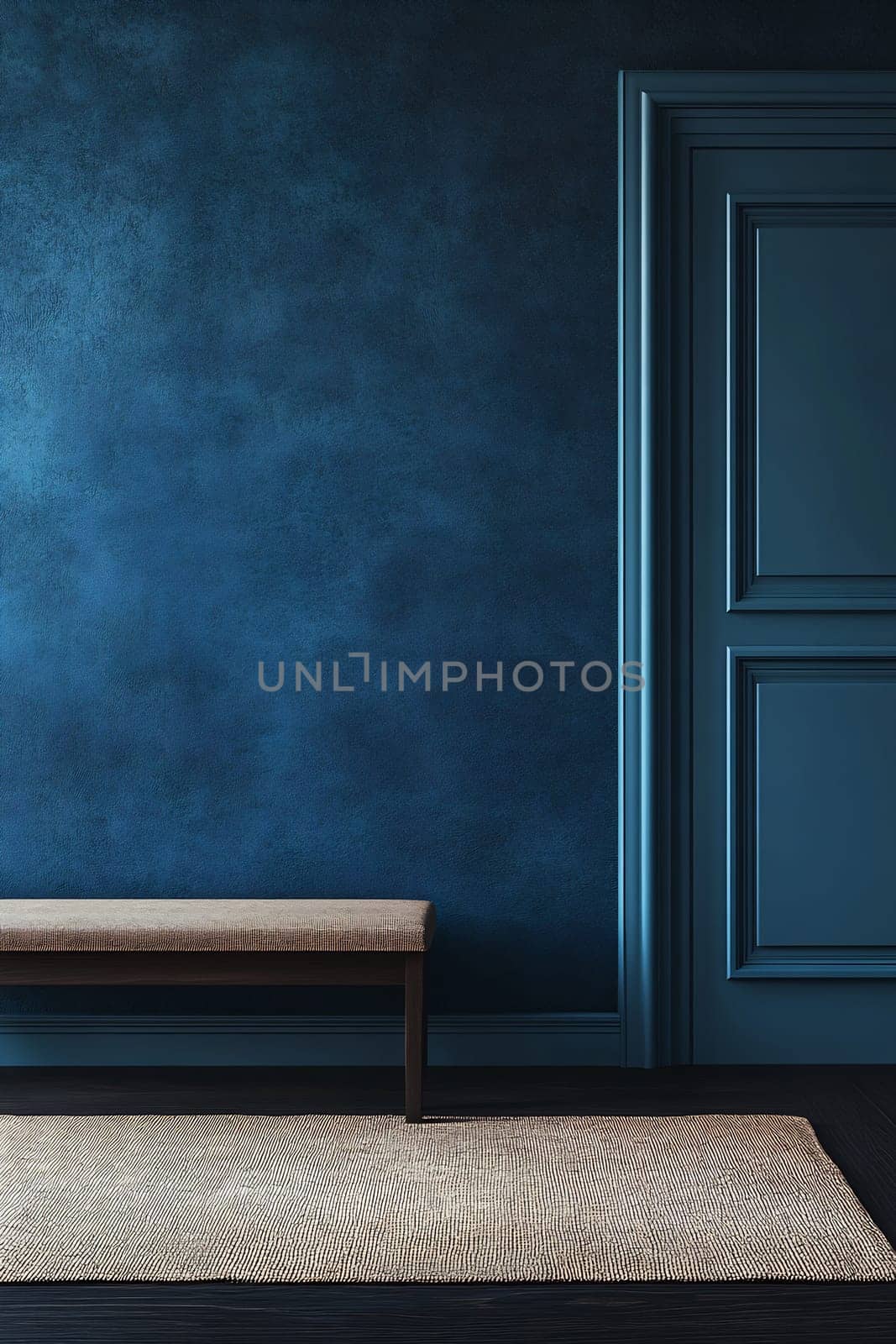 A serene hallway features a blue textured wall, wooden bench, and a woven rug, creating a calming atmosphere perfect for relaxation.