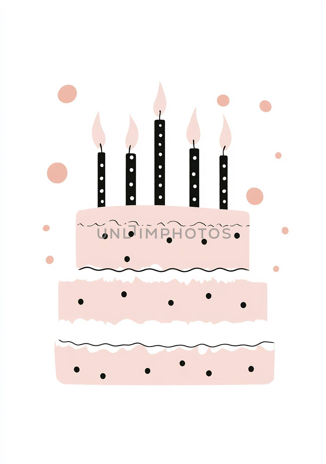 A three-layer cake in soft pink, decorated with black dots and topped with five lit candles, perfect for a celebratory occasion.