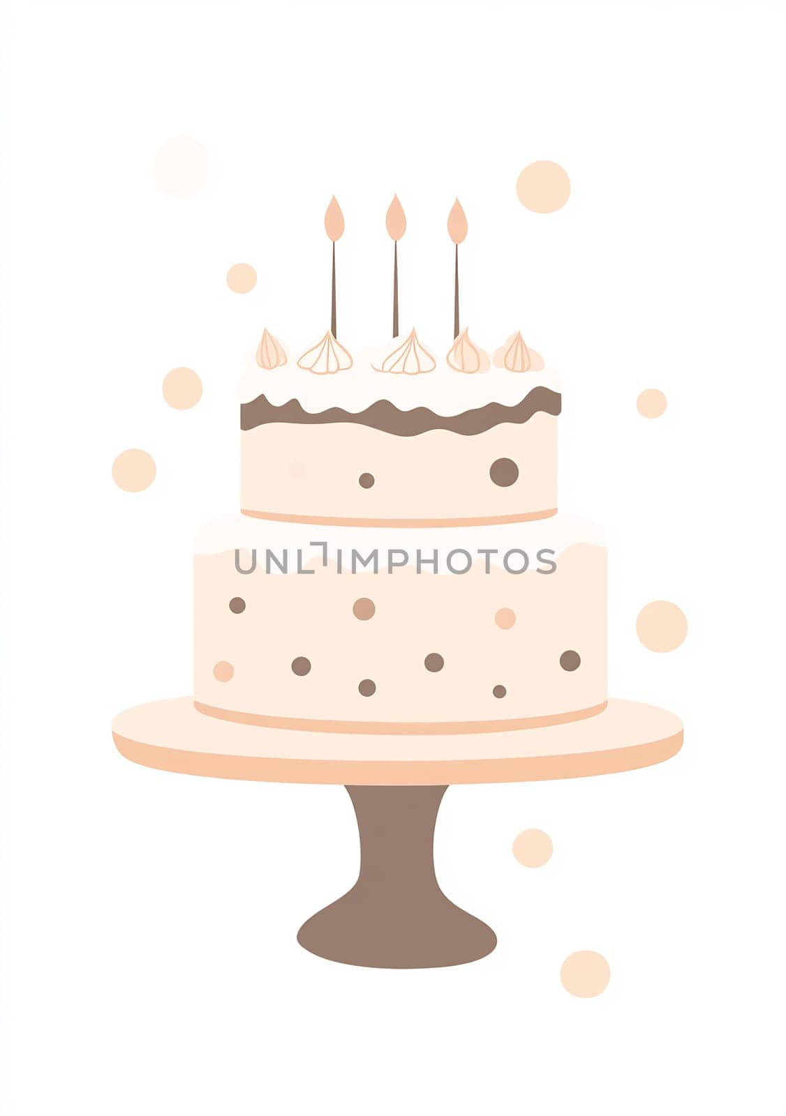 A beautifully designed two-tier cake sits on a stand, adorned with dots and topped with candles, perfect for celebrations and special occasions.
