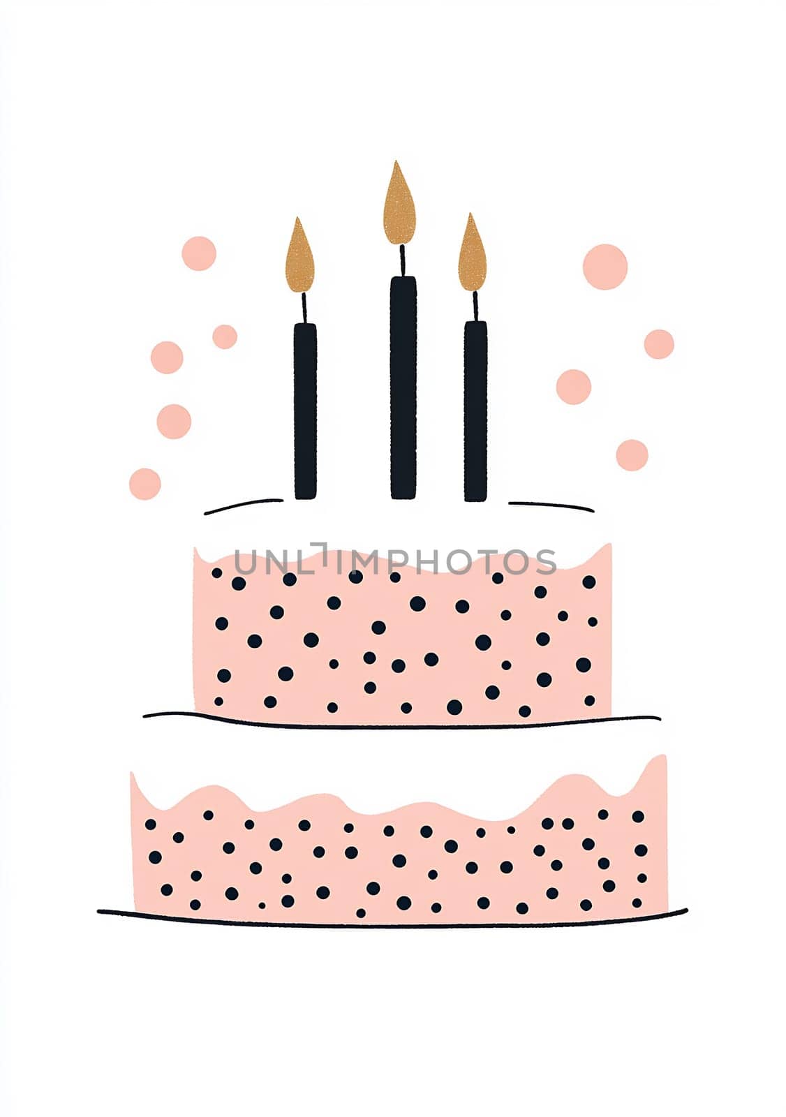 A two-layer cake features pink frosting with black polka dots, topped with three burning candles and festive decorations.