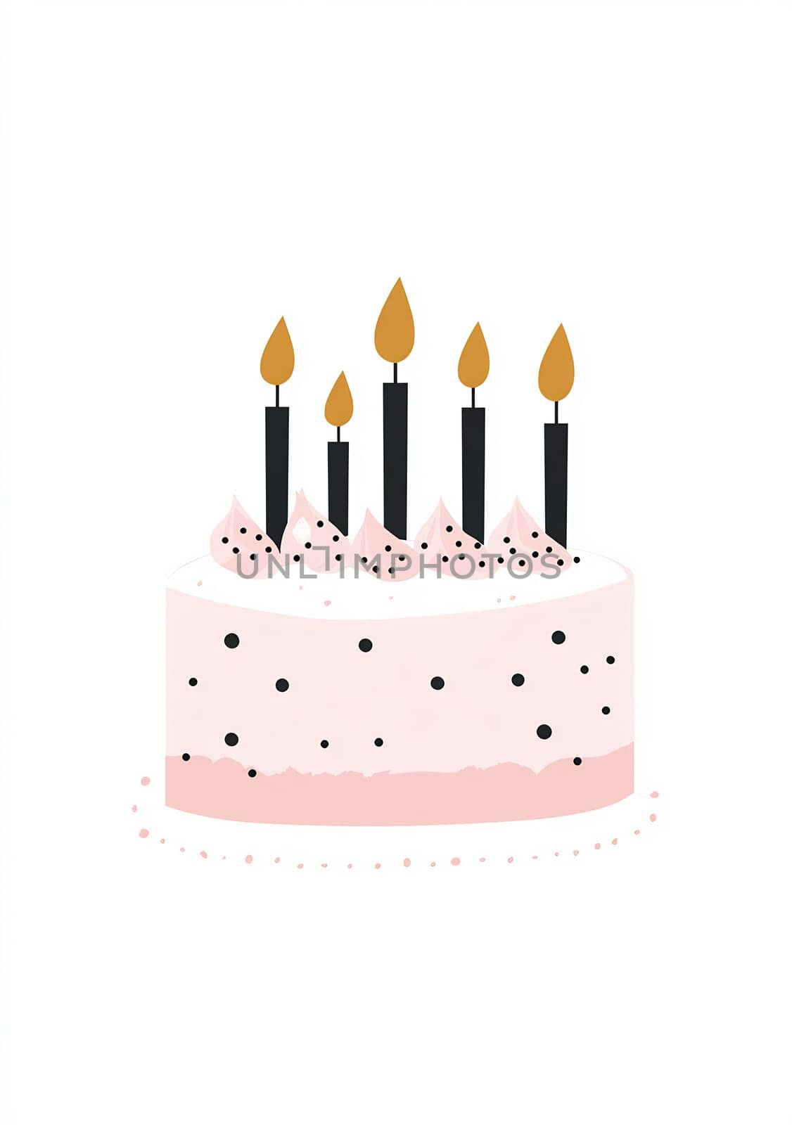 A pink layered cake topped with cream, chocolate dots, and lit candles is the centerpiece for a joyful birthday celebration.