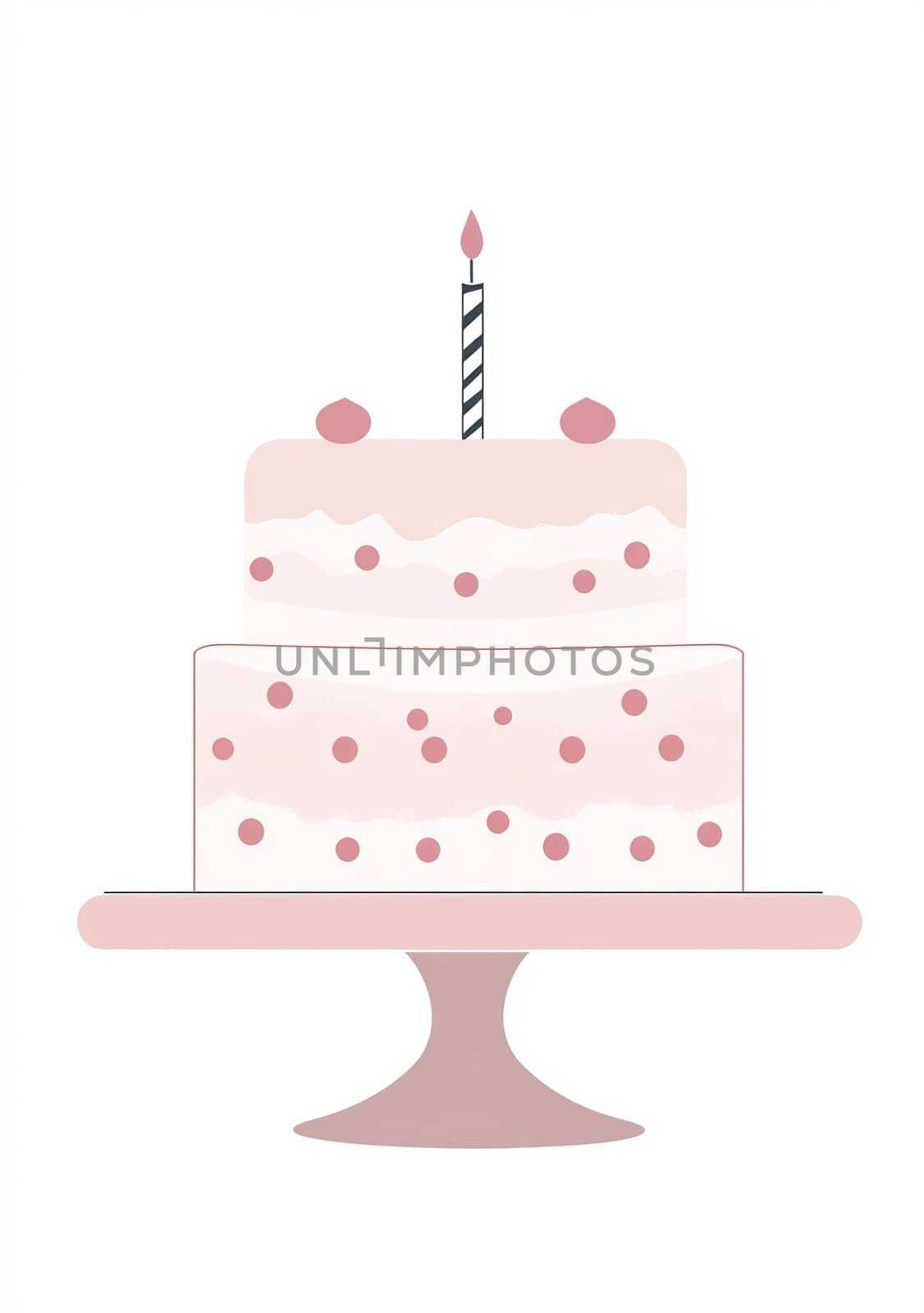 A delicate two-tiered cake decorated with pink dots and topped with a candle, perfect for a special celebration or birthday event.