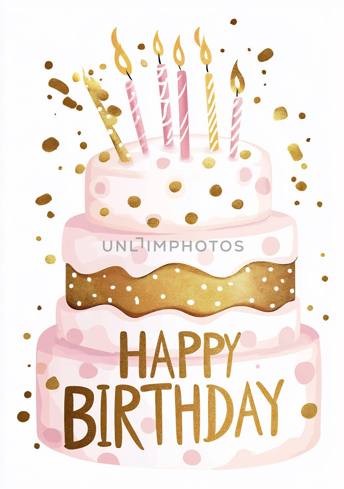 A joyful birthday cake with three layers, decorated with pink and gold accents, topped with lit candles, and celebrating a special occasion.