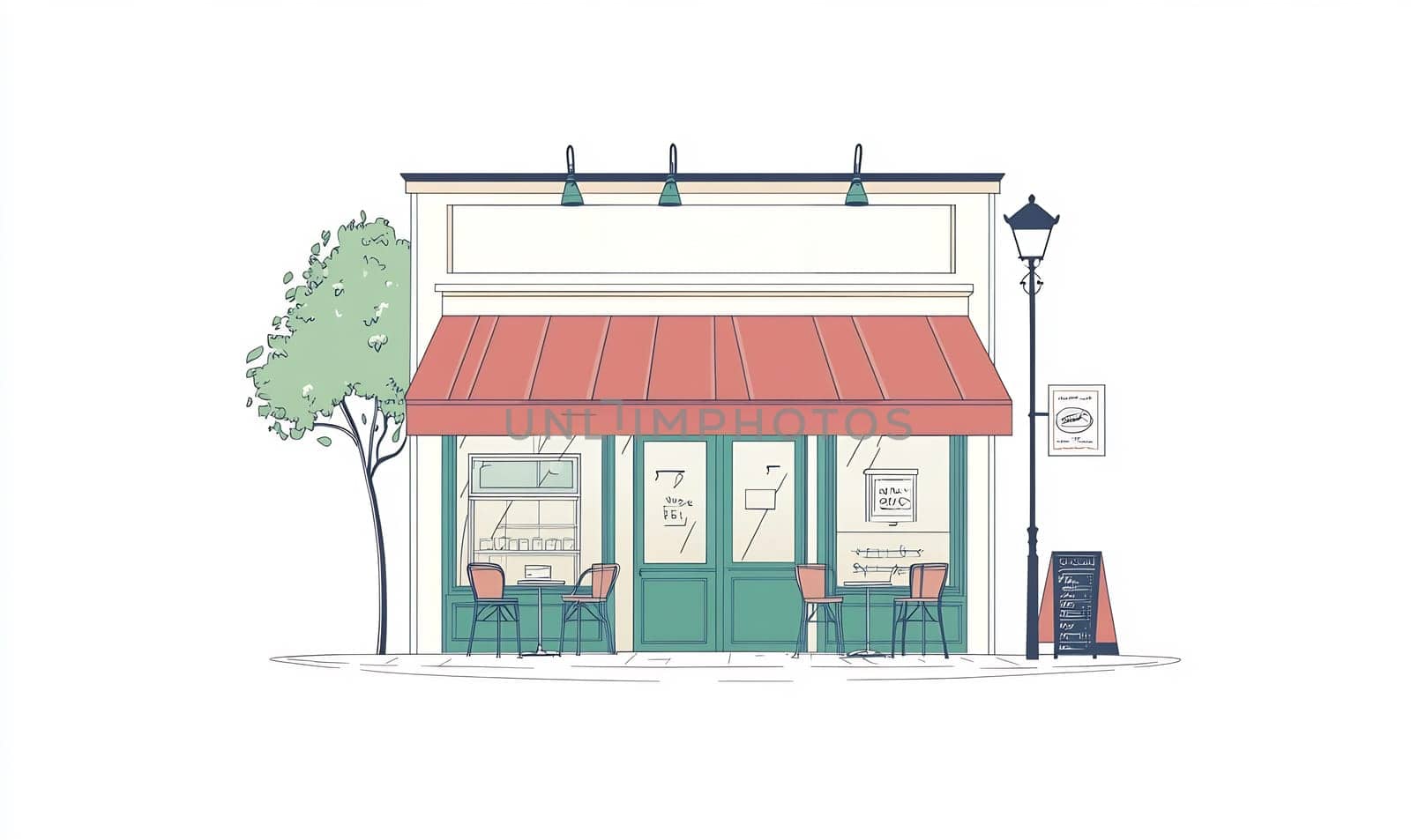 A small cafe with outdoor seating is set against a bright backdrop. The inviting space has potted plants and a chalkboard menu.