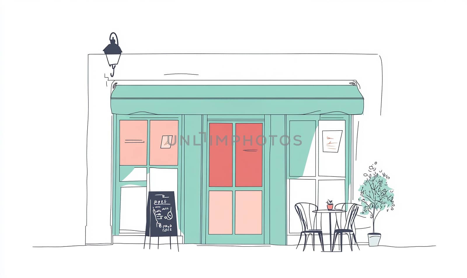 A vibrant cafe features a green awning and a charming seating area outside, showcasing inviting decorations and signage.