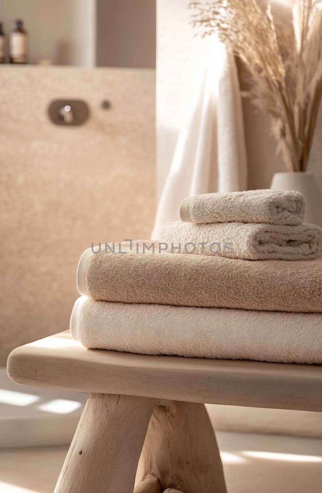 A serene bathroom with neatly stacked soft towels on a wooden surface, creating a calming atmosphere. Natural light highlights the textures.
