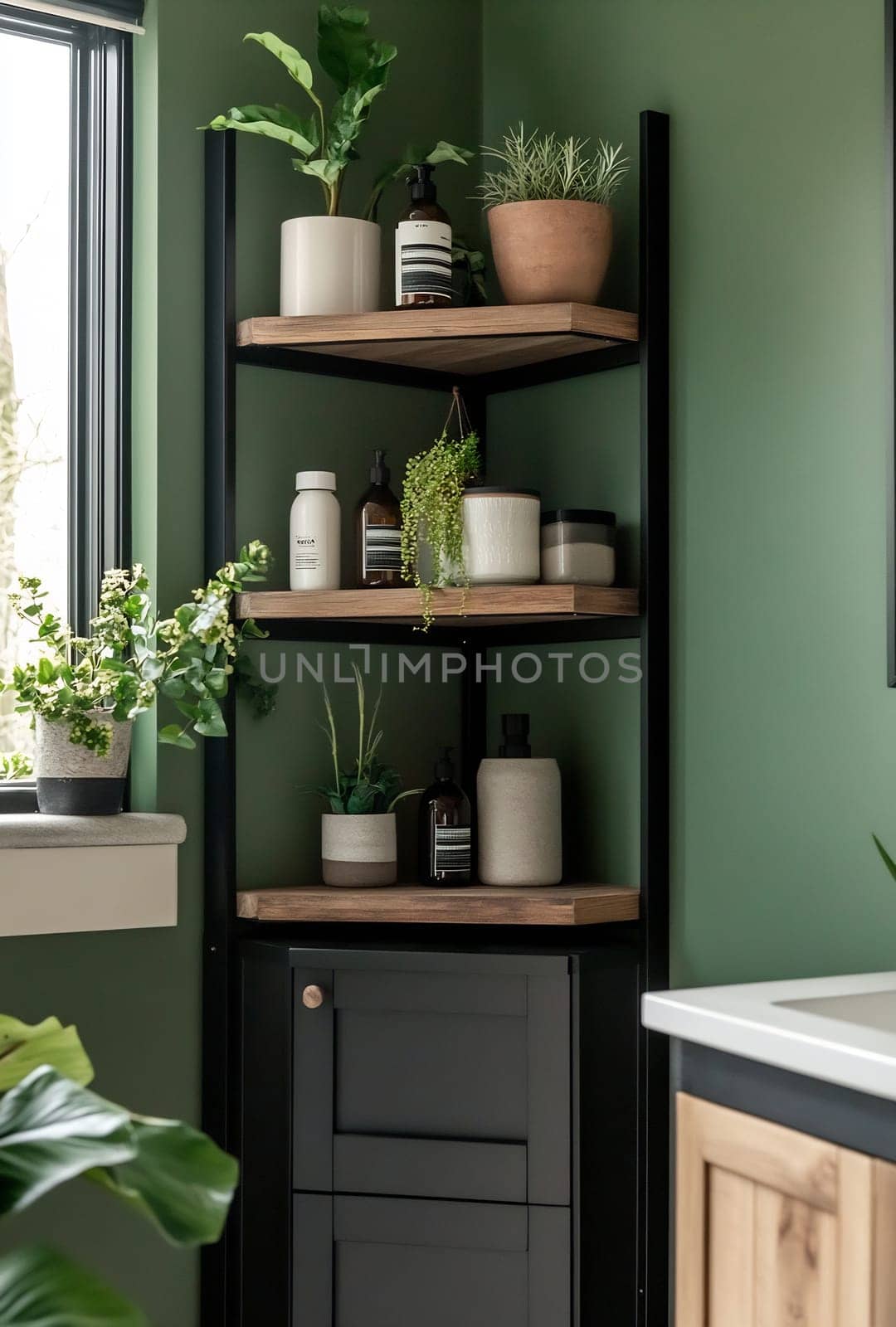 A corner shelf displays various plants and decorative bottles in a stylish, green room filled with natural light.