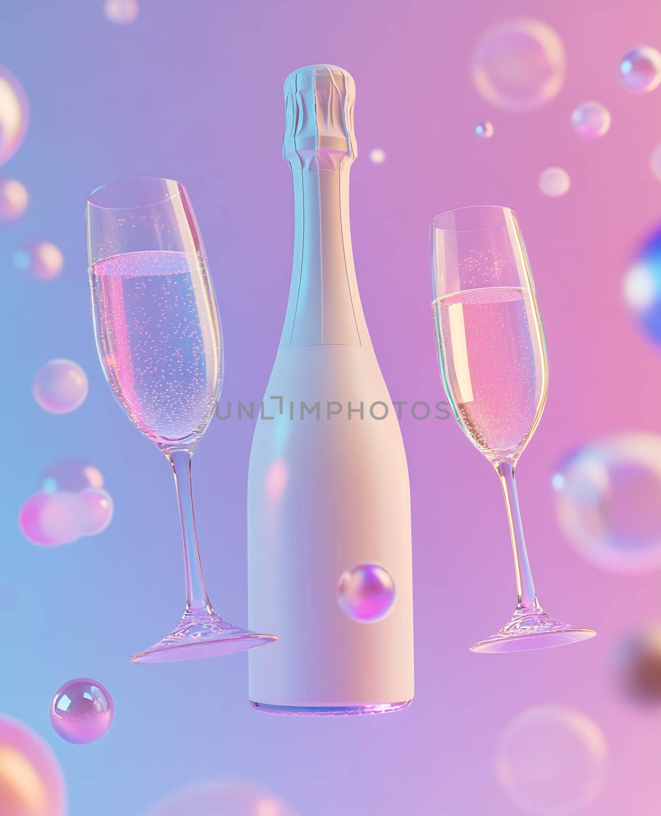 Two elegant flutes stand beside a bottle, surrounded by colorful bubbles, creating a festive atmosphere perfect for celebrations.