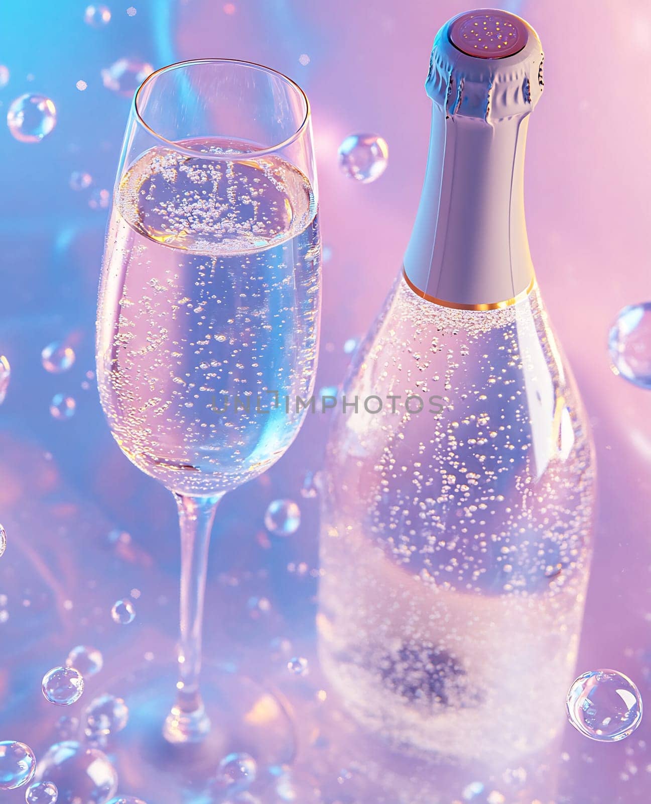 A clear glass filled with sparkling drink stands beside an elegant bottle, surrounded by playful bubbles reflecting soft colors.