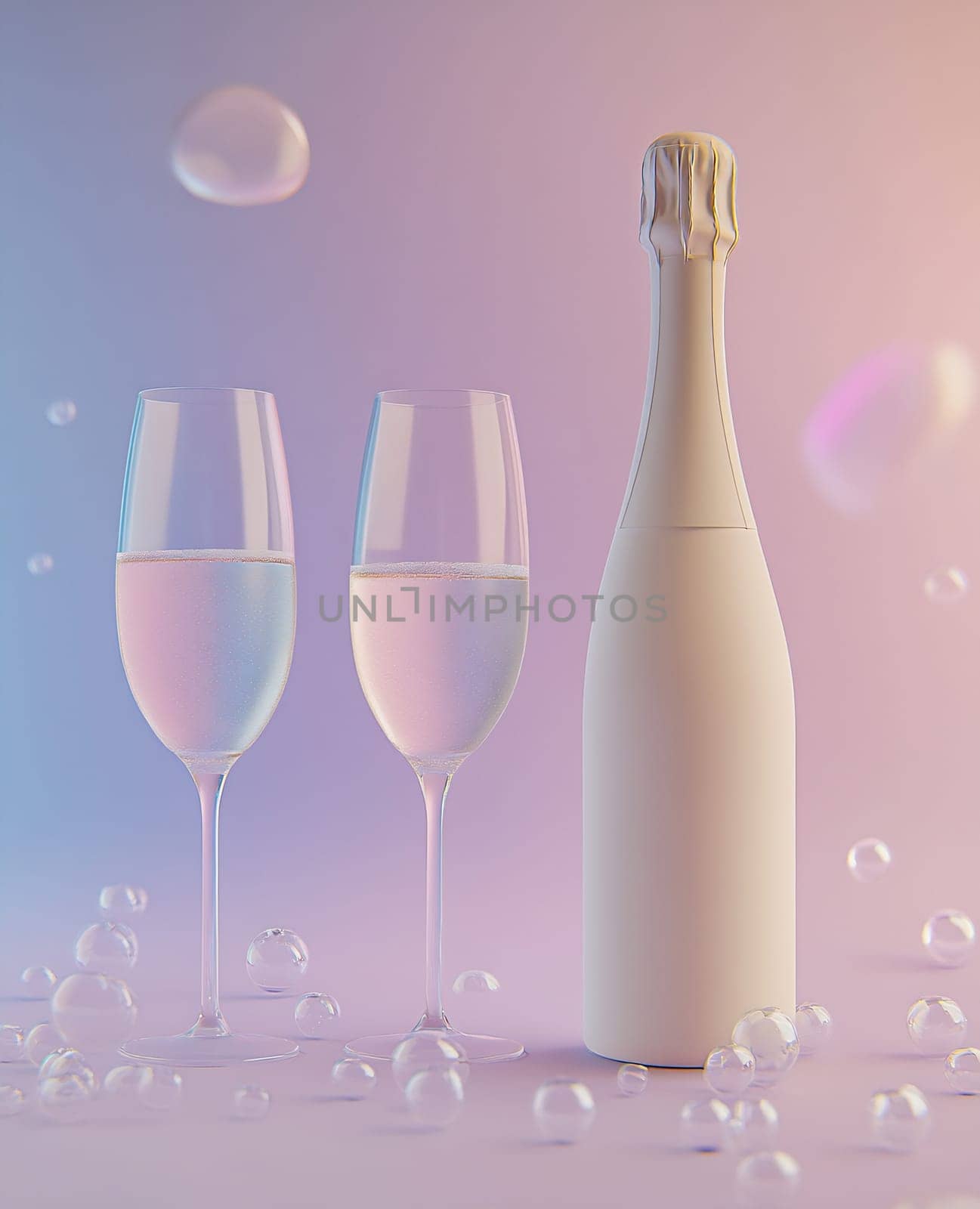 Two elegant glasses filled with sparkling wine stand beside a bottle, surrounded by playful bubbles against a pastel background.
