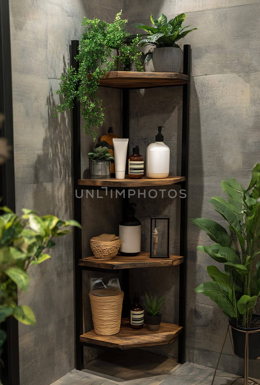 A modern corner shelf displays various plants and decorative items, enhancing the aesthetic of a stylish interior space.
