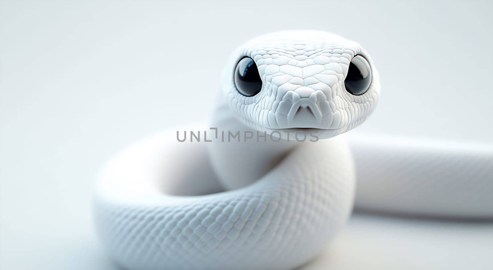A striking white snake coiled gracefully, showcasing its smooth scales and vibrant eyes under soft lighting in a minimalist setting.