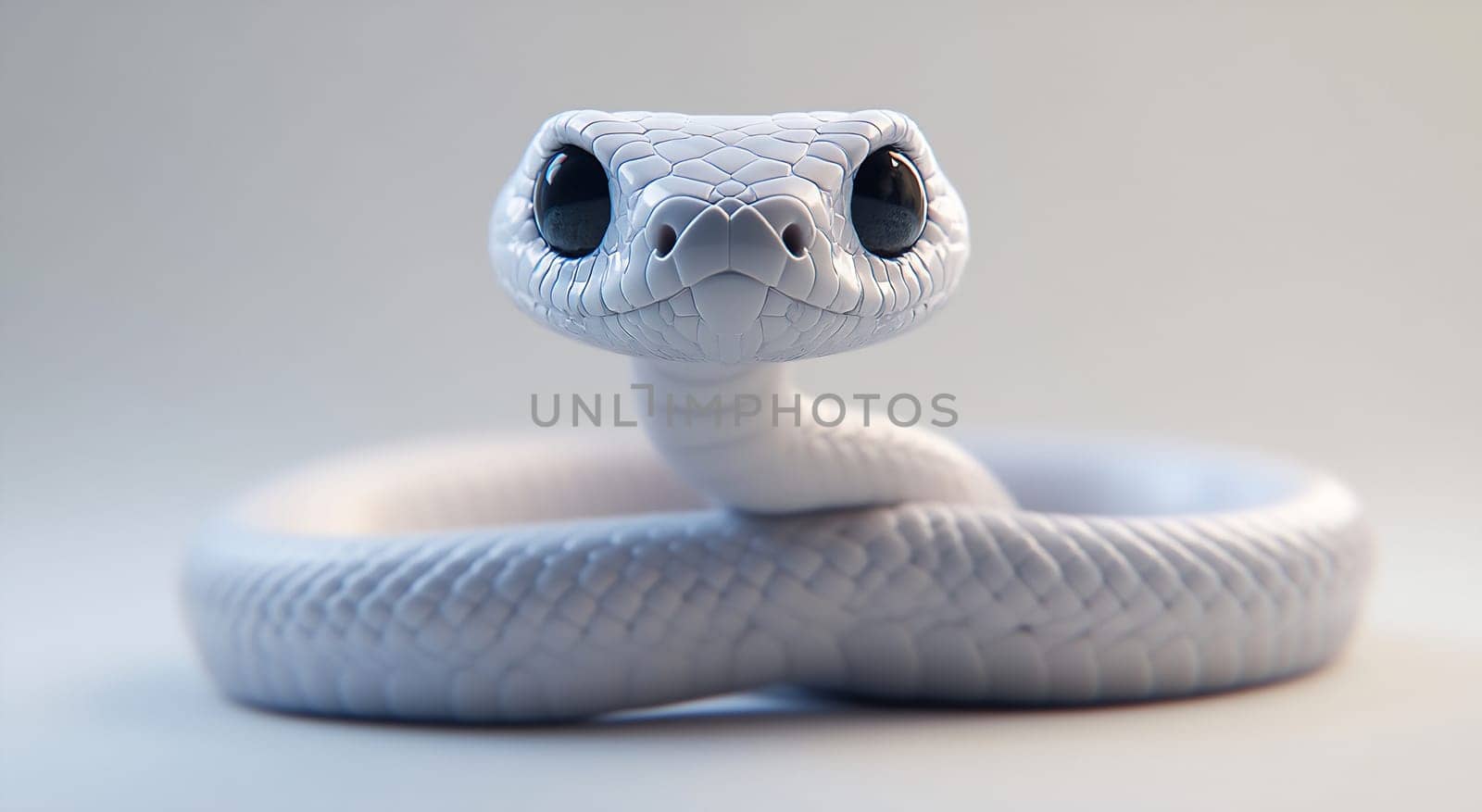 A white snake coils elegantly with large, expressive eyes. Its smooth scales gleam softly in a well-lit environment.